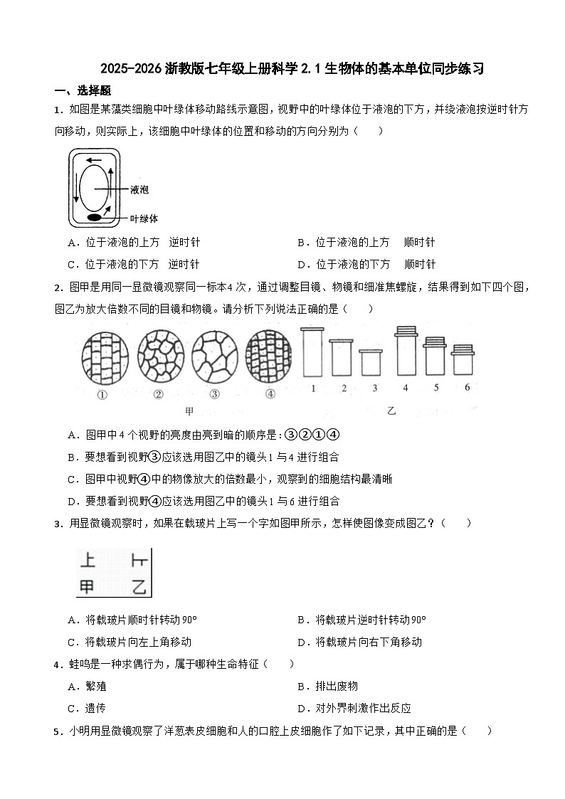 2025-2026浙教版七年级上册科学2.1生物体的基本单位同步练习（有答案）第1页