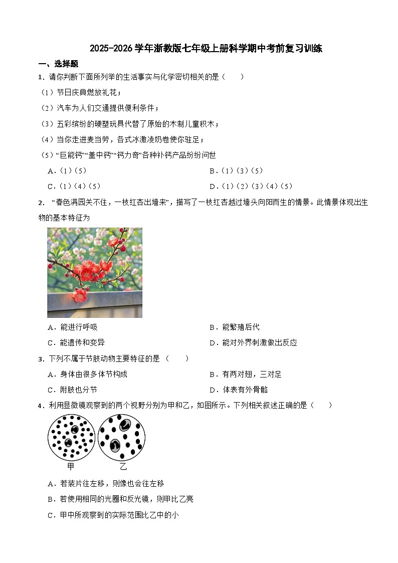 2025-2026学年浙教版七年级上册科学期中考前复习训练（有答案）第1页
