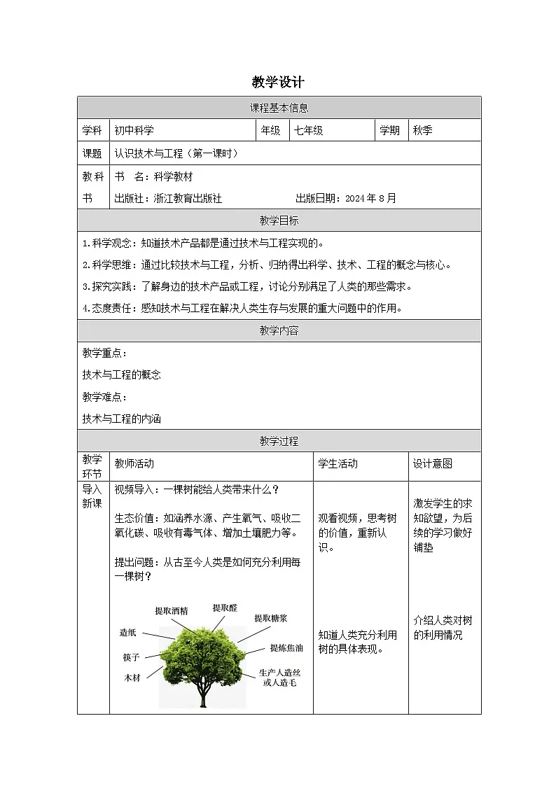 浙教版2024科学七年级上册 第1节 认识与工程（一）-教学设计第1页