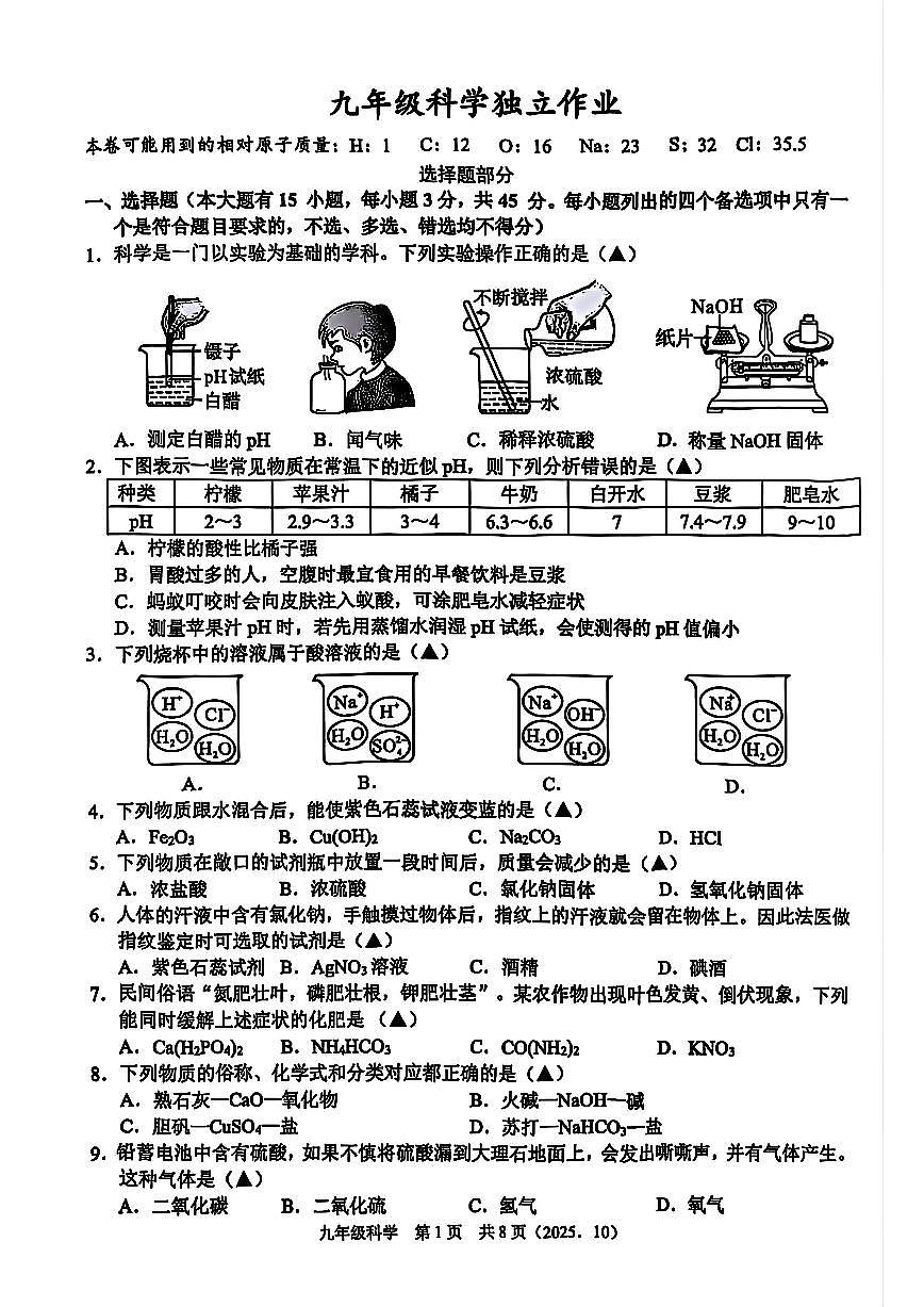 杭州市临平区临平初中2025年10月九上科学月考卷及答案第1页