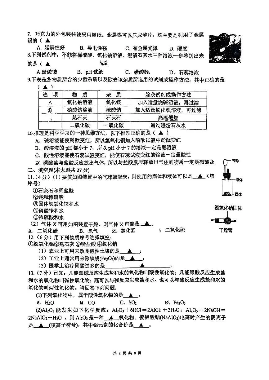 浙江省杭州市西湖区公益中学2025-2026学年九年级上学期10月月考科学试卷第2页