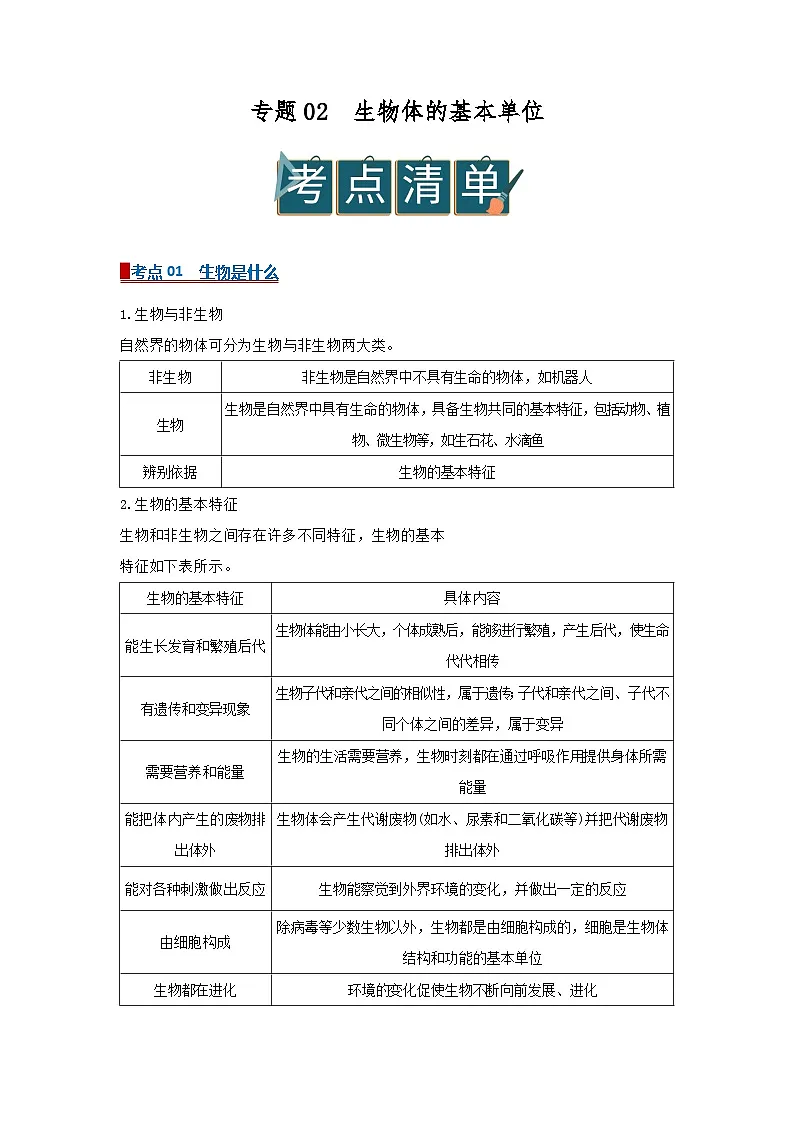 专题02 生物体的基本单位（word）2025-2026学年七上科学浙教版2024期中复习学案知识点+习题（解析版）第1页