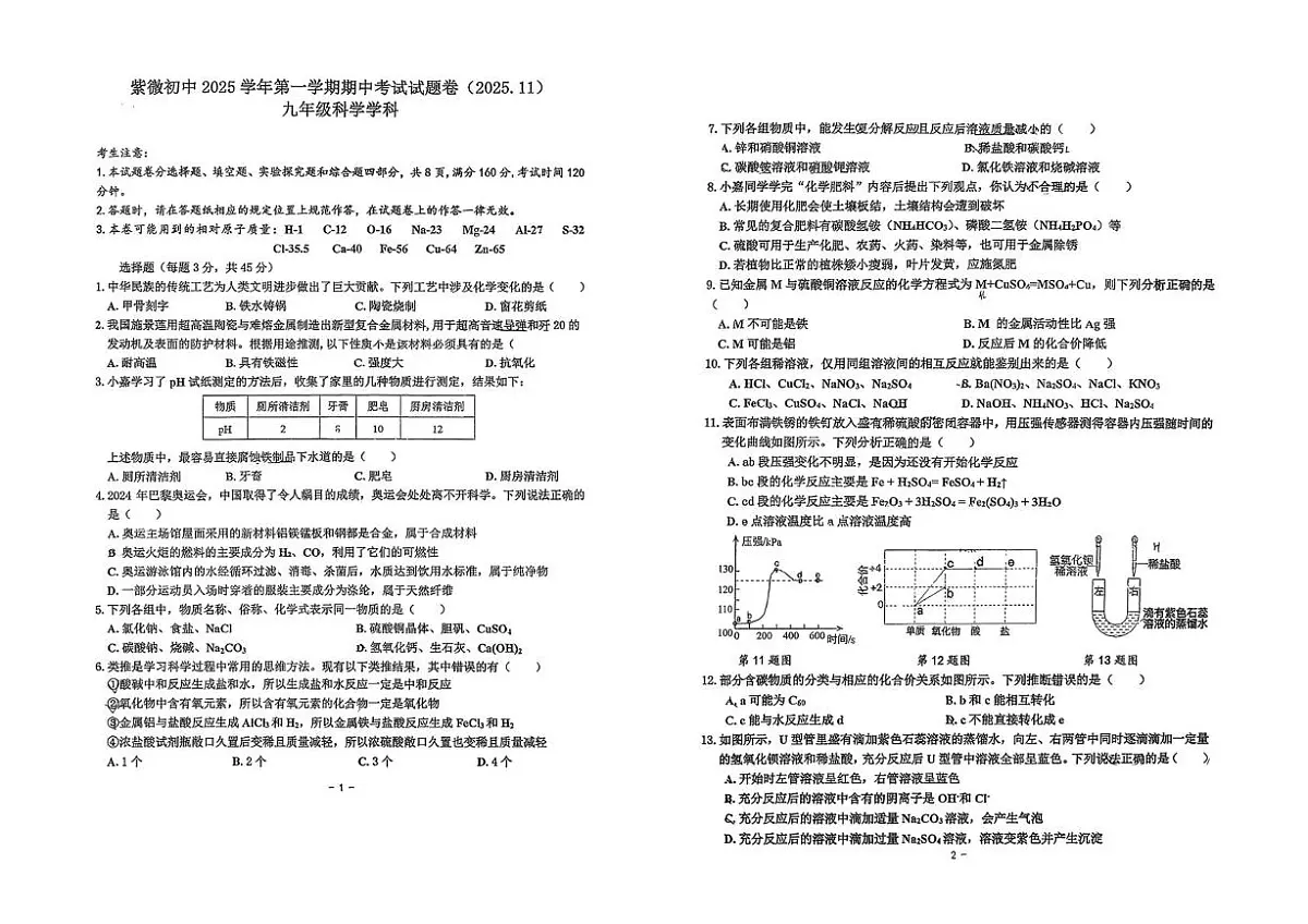 浙江省海宁市紫微初级中学2025-2026学年九年级上学期期中科学试卷第1页