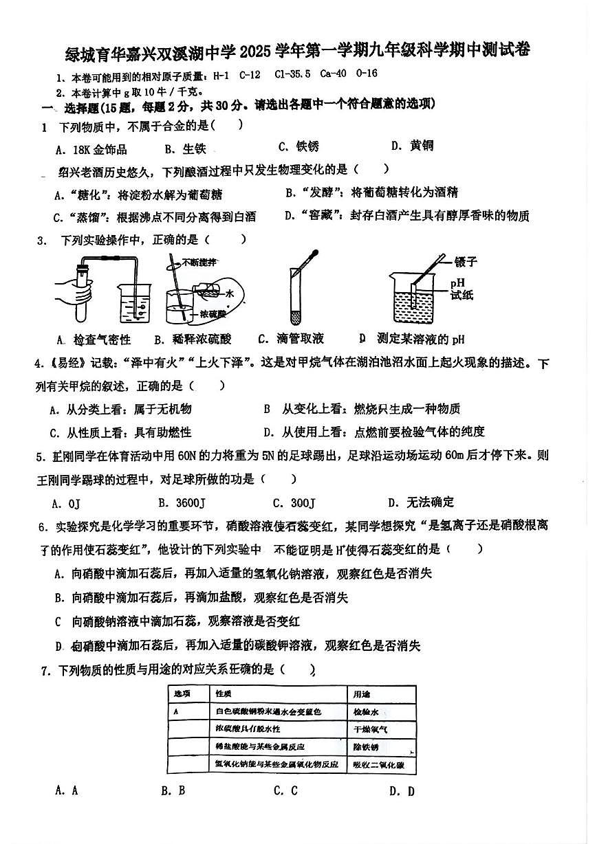 浙江省嘉兴市双溪湖实验中学2025-2026学年九年级上学期11月期中科学试题第1页