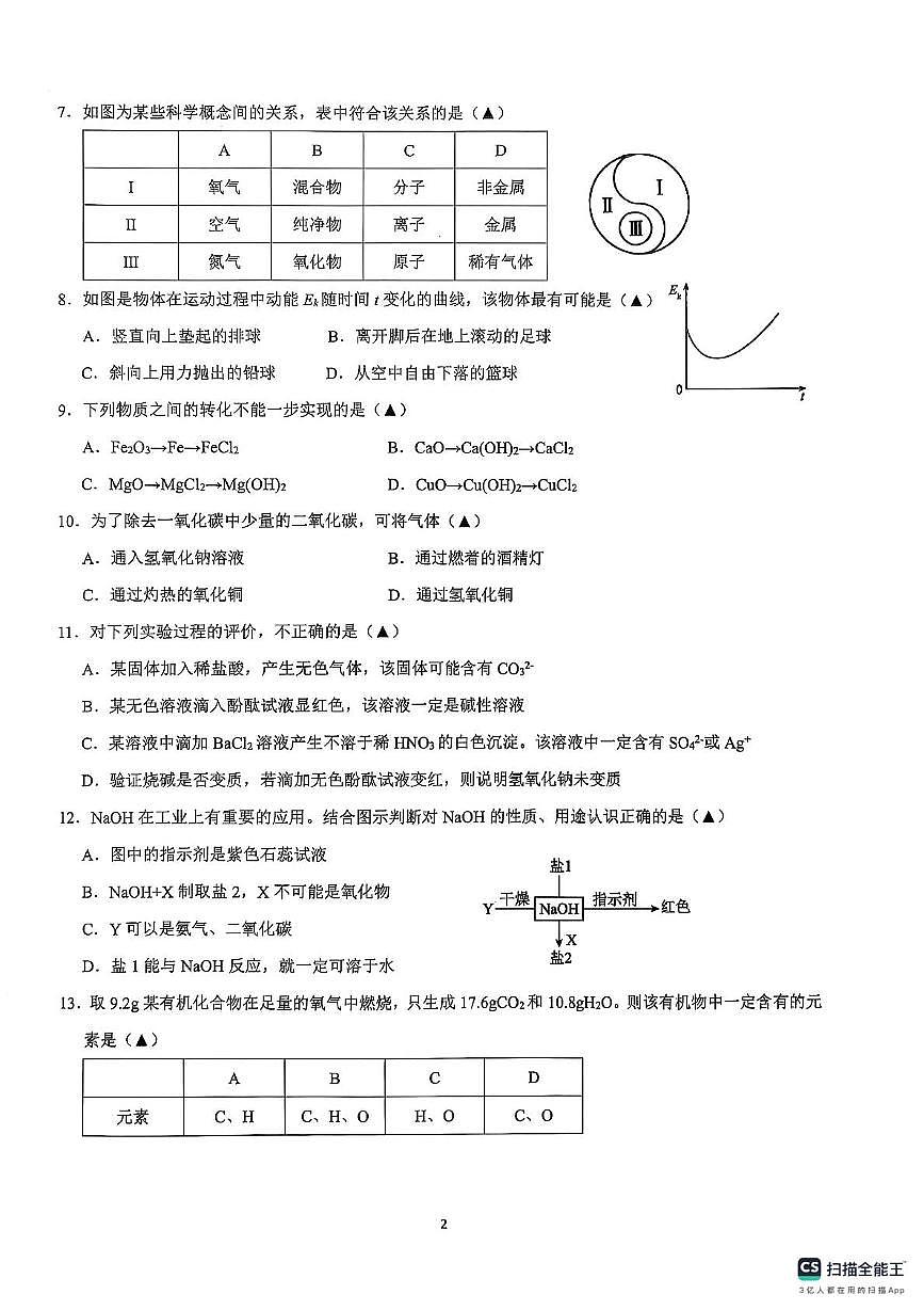 浙江省金华市金东区2025-2026学年九年级上学期科学期中试题卷第2页