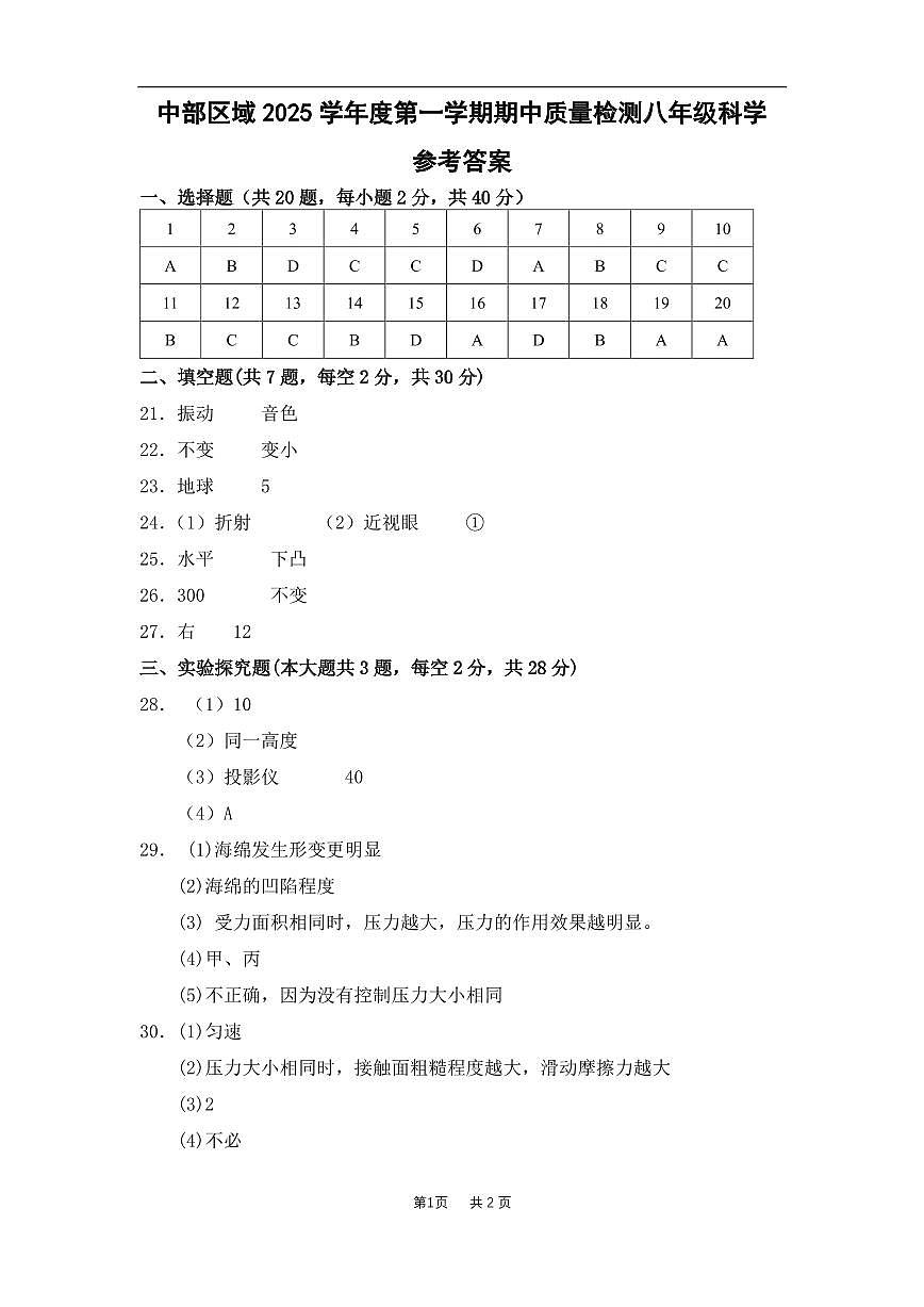 慈溪中部联盟2025学期中质量检测八上科学参考答案2025.10.23_第1页