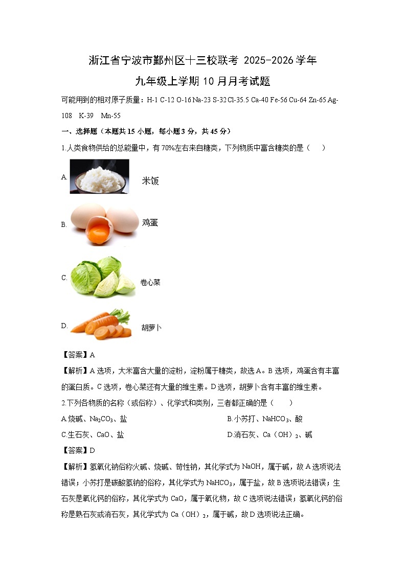 浙江省宁波市鄞州区十三校联考2025-2026学年九年级上学期10月月考科学试卷（解析版）第1页