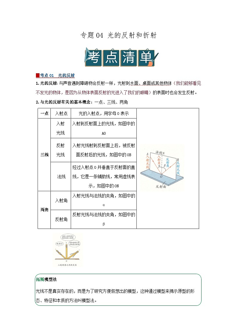 专题04光的反射和折射（word）2025-2026学年八上科学浙教版2024复习学案知识点+习题（解析版）第1页
