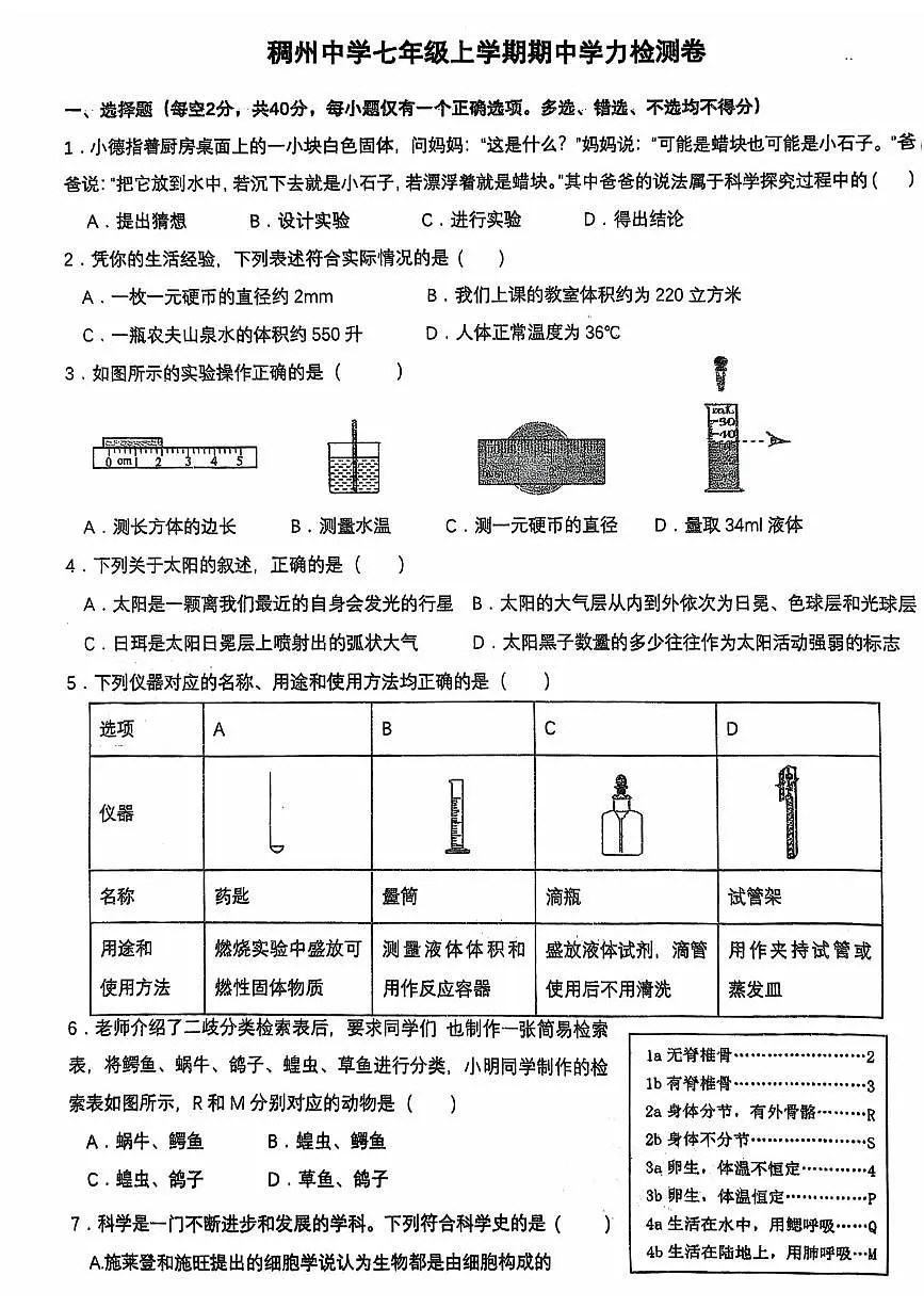 浙江省金华市义乌市稠州中学2025-2026学年七年级上学期11月期中科学试题第1页