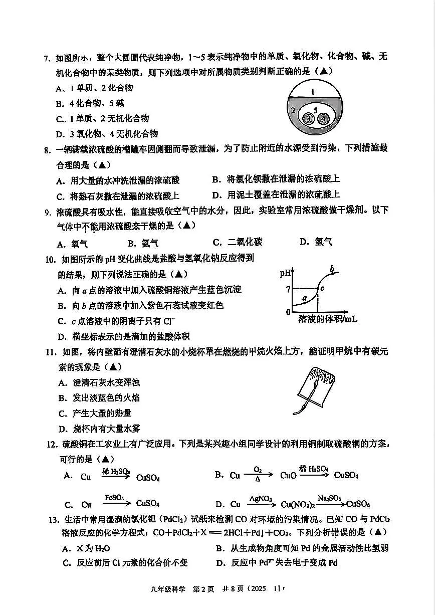 杭州市临平区2025年11月九上科学期中试题和答案第2页