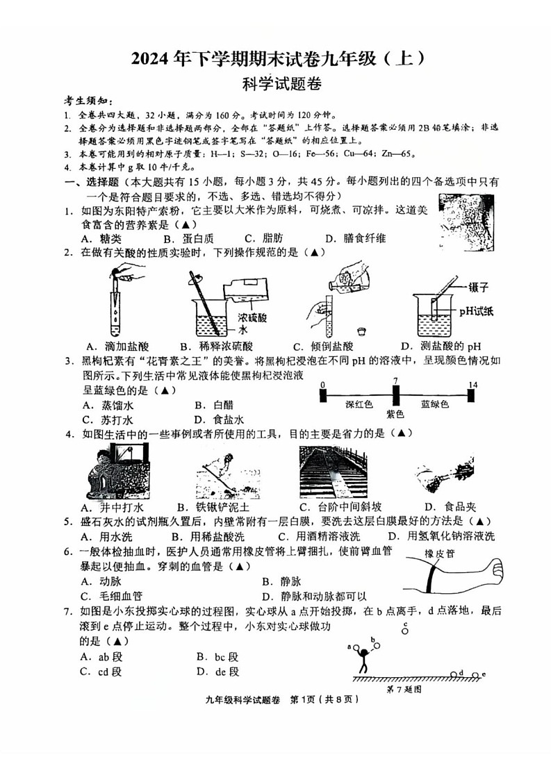 浙江省金华市东阳市2024-2025学年九年级上学期1月期末科学试题第1页
