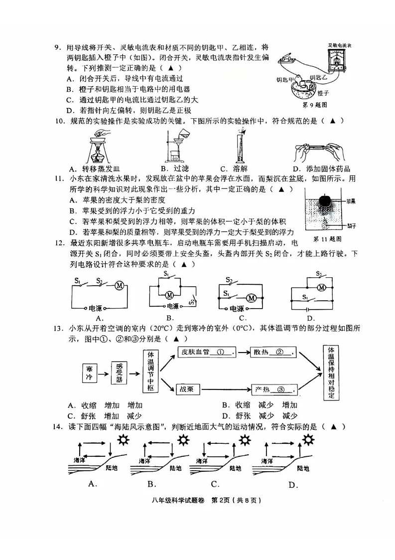 浙江省金华市东阳市2024-2025学年八年级上学期期末考试科学试题第2页