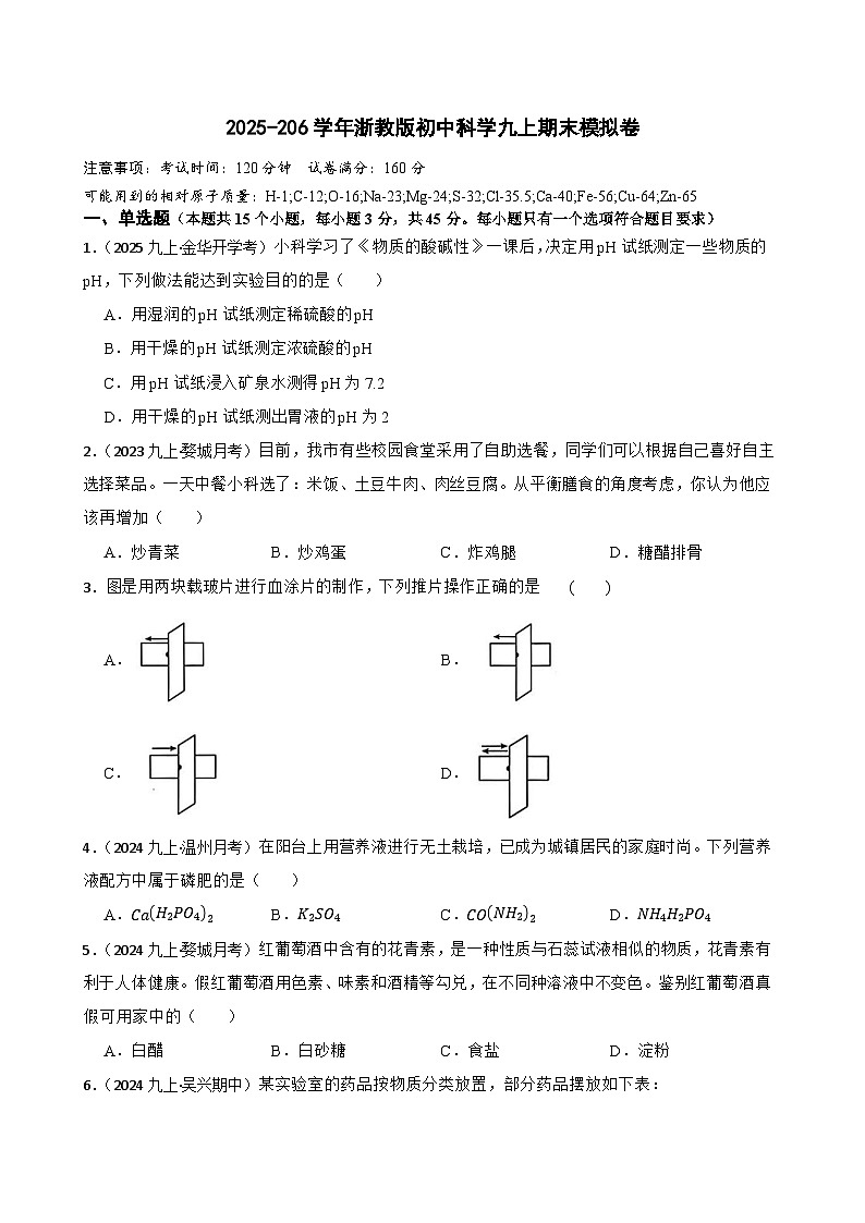 [初中科学]2025-2026学年浙教版科学九年级上学期期末模拟练习卷第1页