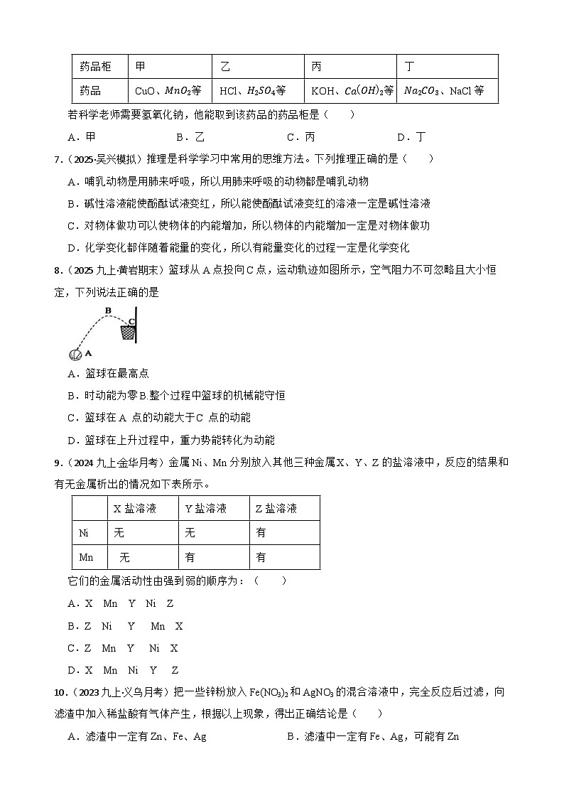 [初中科学]2025-2026学年浙教版科学九年级上学期期末模拟练习卷第2页