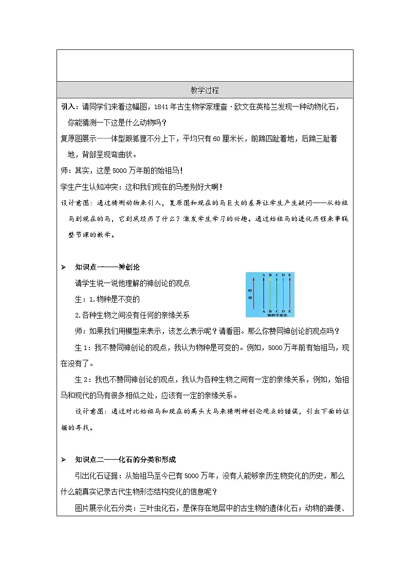 浙教版科学九年级下册1.4生物的进化 表格式教案第2页