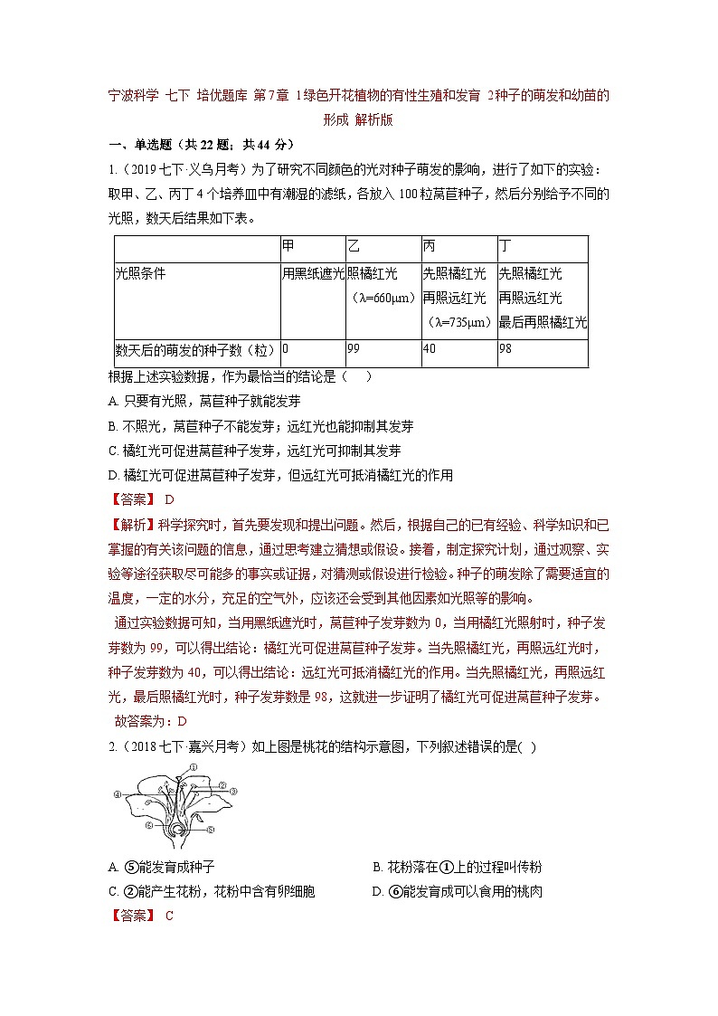 中考科学七年级下册培优习题（宁波专用） 第7章 1绿色开花植物的有性生殖和发育 2种子的萌发和幼苗的形成第1页