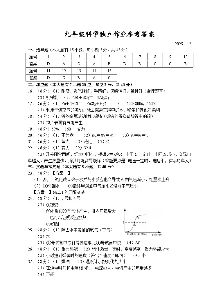 202512九年级科学答案第1页