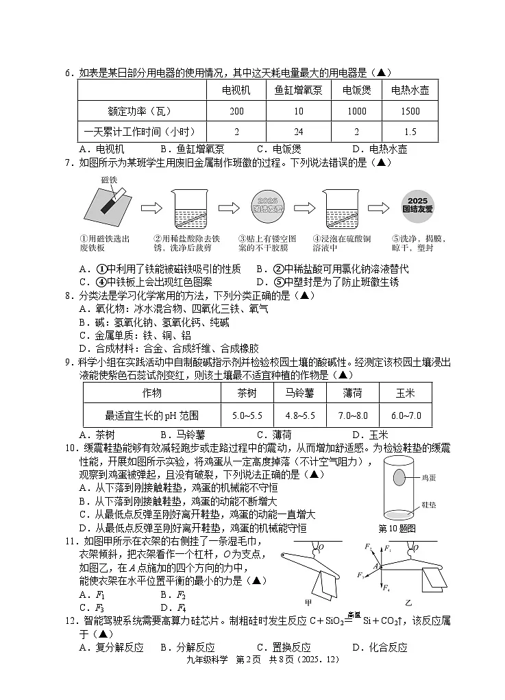 202512九年级科学试题卷第2页