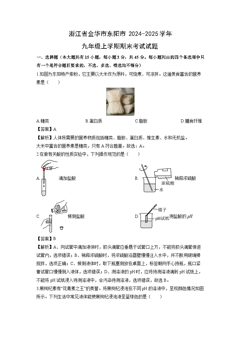 浙江省金华市东阳市2024-2025学年九年级上学期期末考试科学试卷（解析版）第1页