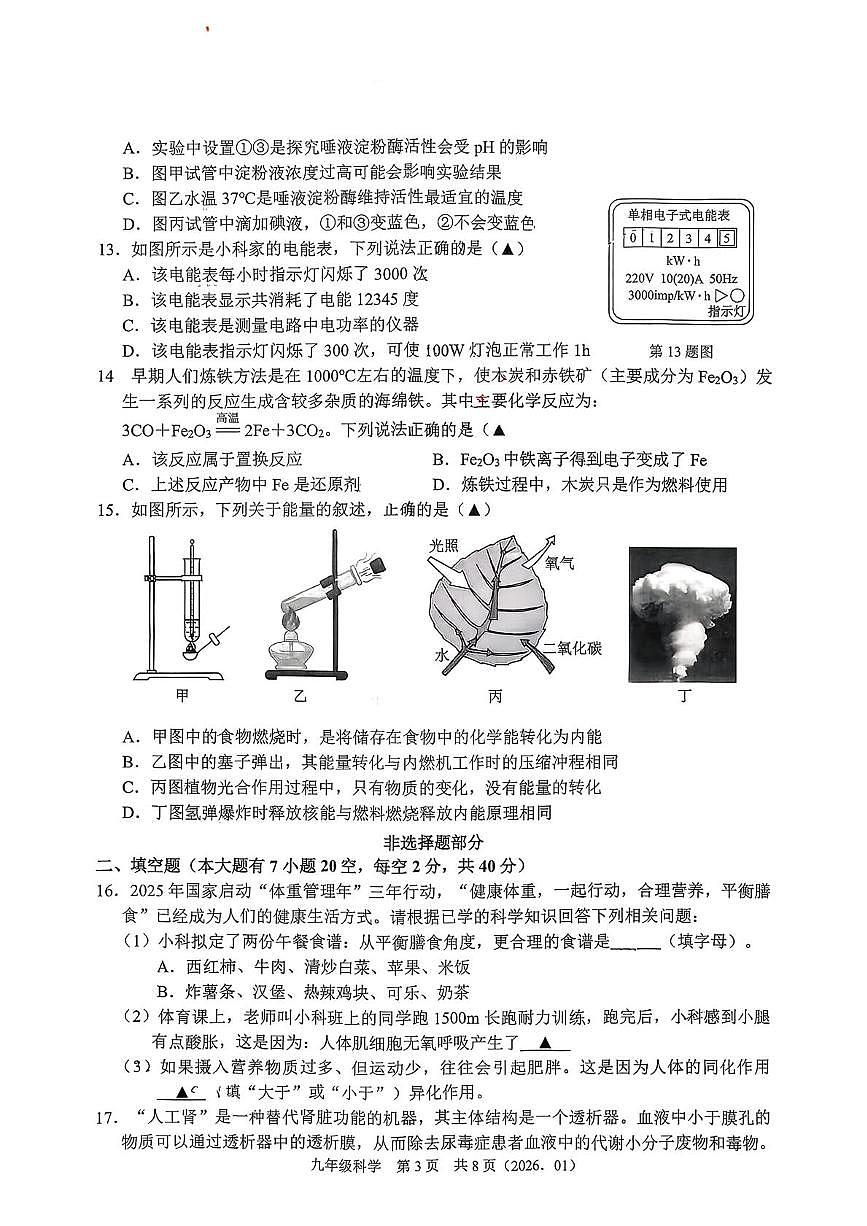 浙江省杭州市杭州市临平区临平第三中学2025-2026学年上学期九年级科学期末模拟试题第3页
