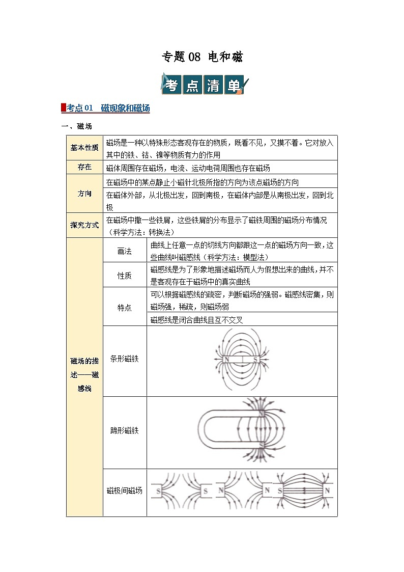 专题08  电和磁（word）2025-2026学年初中浙教版科学一轮复习讲义知识点+习题（解析版 )第1页