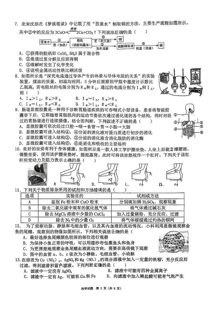 浙江省杭州市西溪实验学校2025-2026学年九年级上学期一月月考科学试题第2页