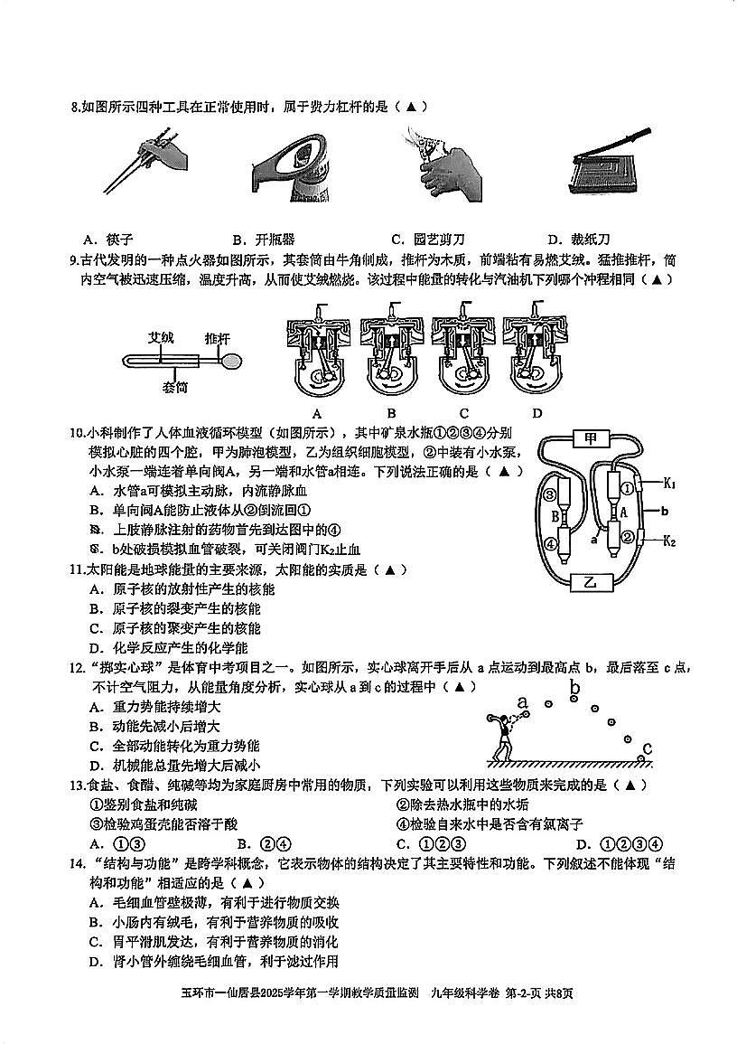 浙江省台州市玉环仙居2025-2026学年九年级上学期1月期末科学试题（无答案）第2页