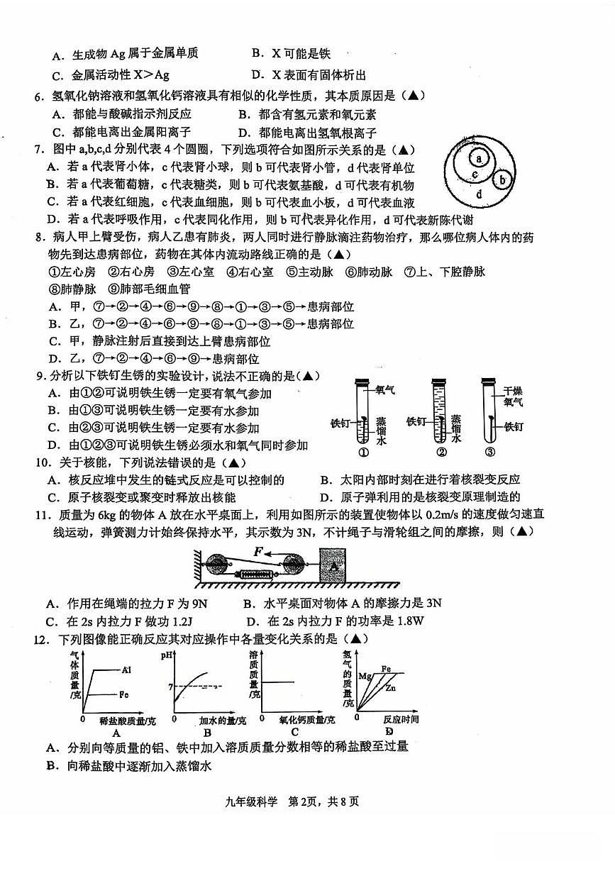 浙江省杭州市拱墅区拱宸中学2025-2026学年九年级上学期科学期末模拟卷第2页