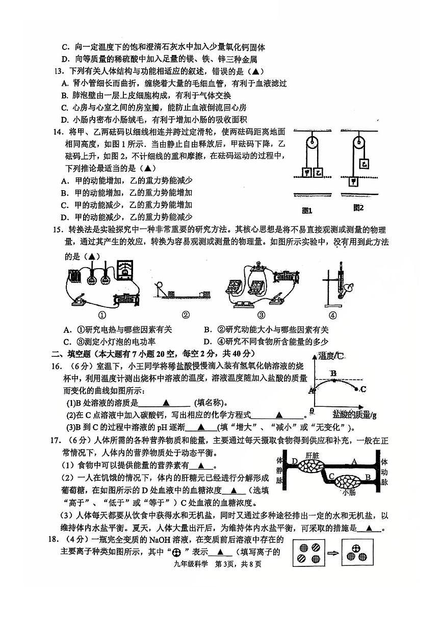 浙江省杭州市拱墅区拱宸中学2025-2026学年九年级上学期科学期末模拟卷第3页