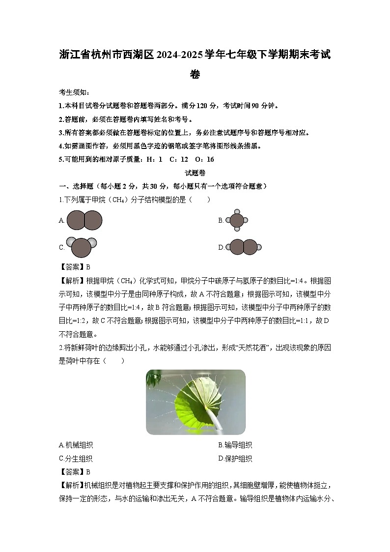 2024-2025学年浙江省杭州市西湖区七年级下学期期末考科学试卷（解析版）第1页