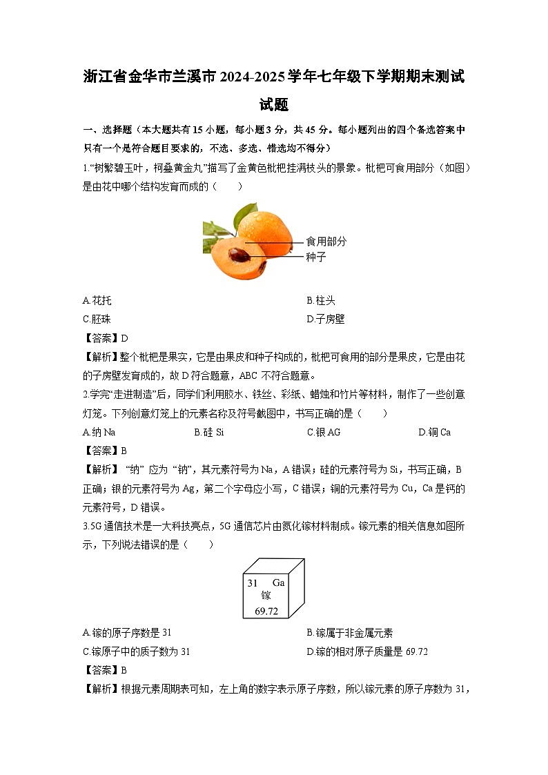 2024-2025学年浙江省金华市兰溪市七年级下学期期末测试科学试卷（解析版）第1页