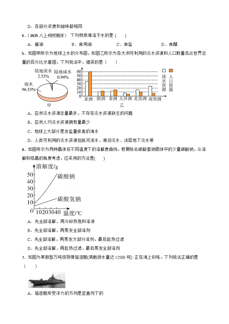 【浙教版】（新教材）八年级上册 第四章 水与人类 单元检测卷（提高）(学生版)第2页