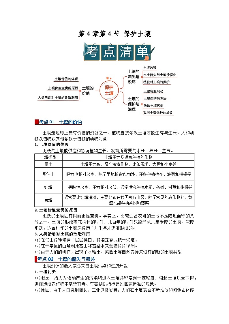 第4章第4节保护土壤2025-2026年初中科学七下同步复习讲义（解析版）第1页