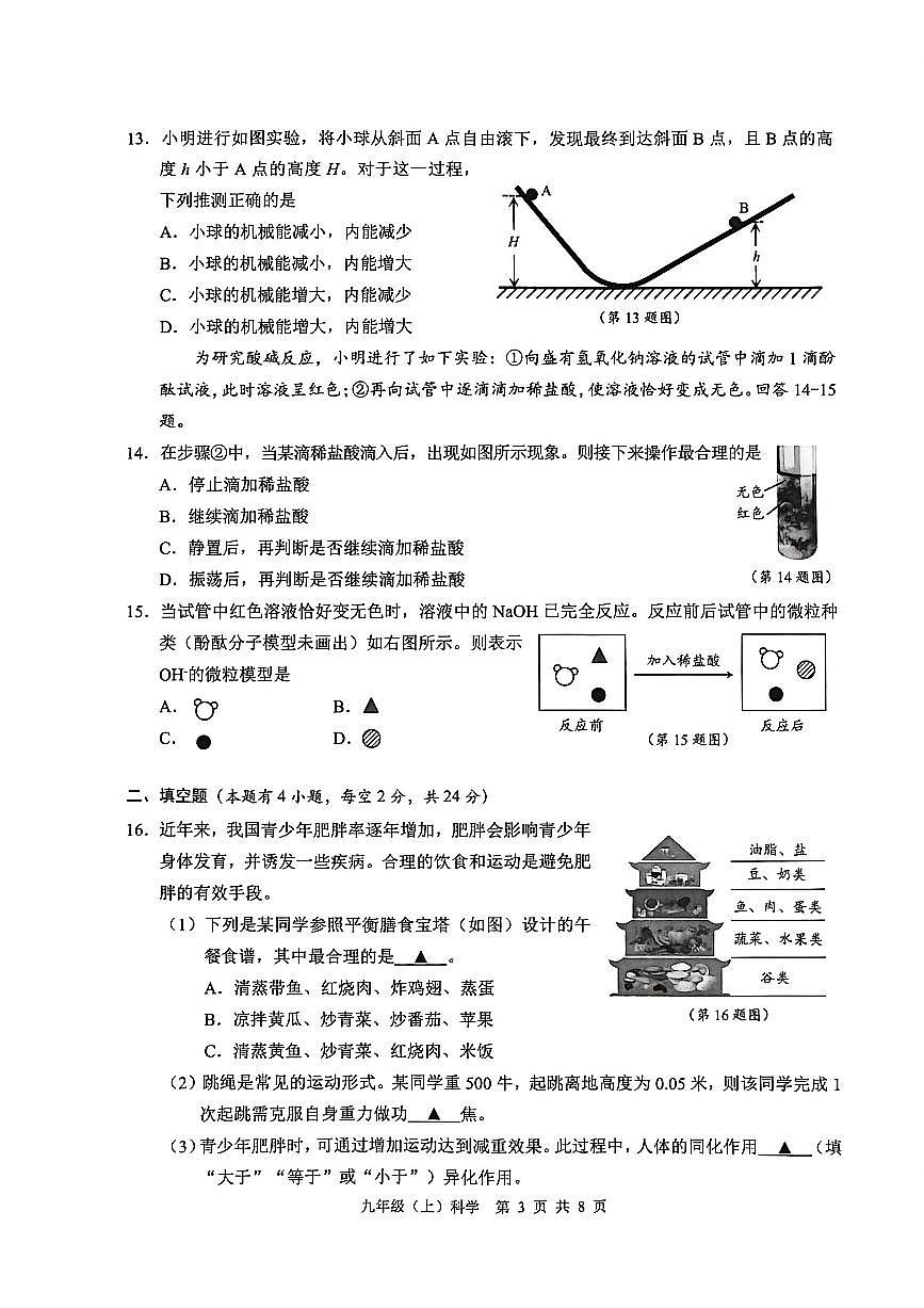 温州市2025学年九年级科学试卷第3页