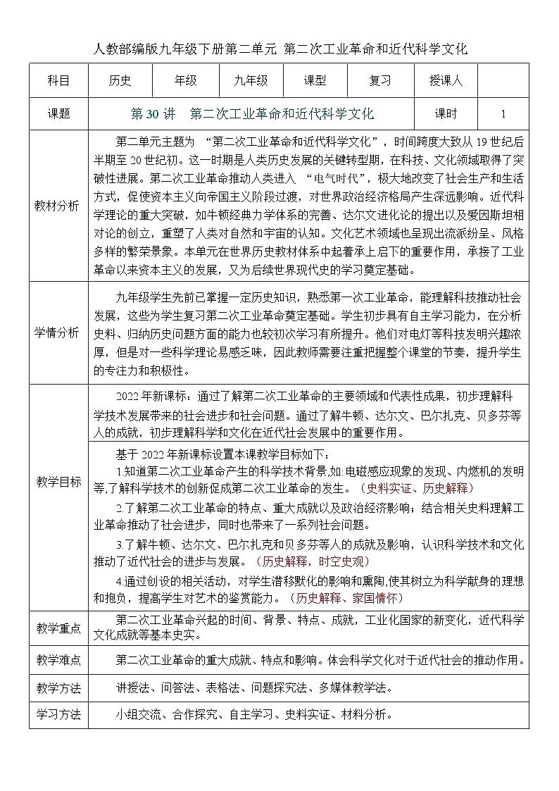 2026初中历史中考一轮复习30 第二次工业革命和近代科学文化（教案）第1页