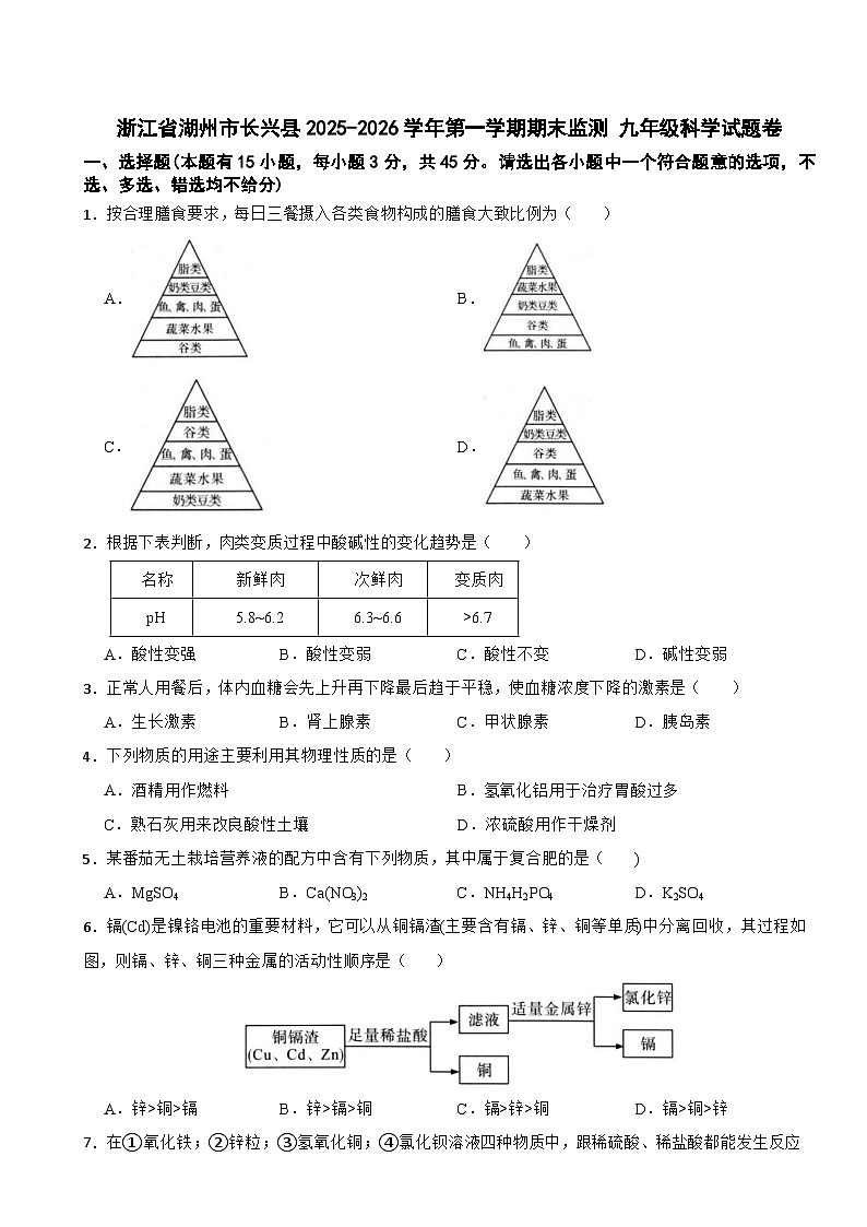 浙江省湖州市长兴县2025-2026学年第一学期期末监测 九年级科学试题卷第1页