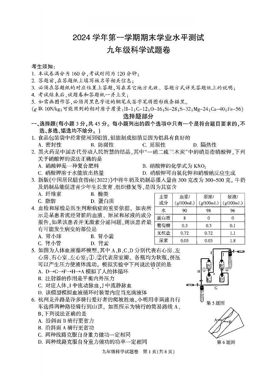2501杭州 萧山余杭临平九上期末科学试卷第1页