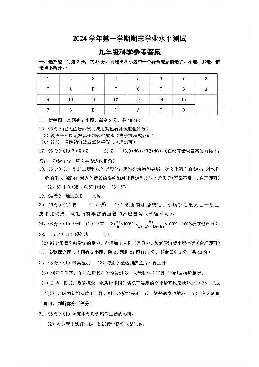 2501杭州 萧山余杭临平九上期末科学答案第1页