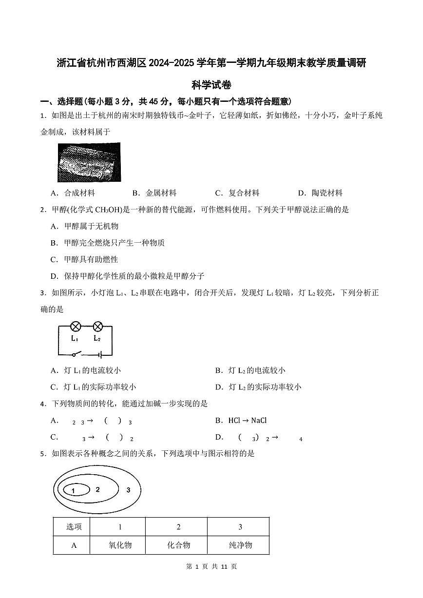 浙江省杭州市西湖区2024-2025学年九年级上学期期末科学试卷第1页
