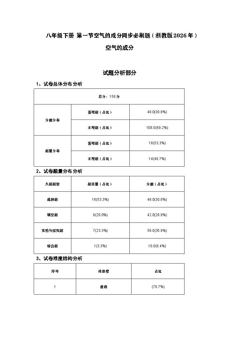八年级下册 第一节空气的成分同步必刷题（试题分析）第1页