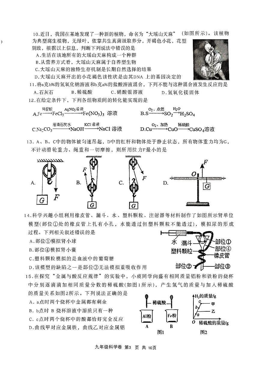 浙江省绍兴市上虞区2025学年第一学期九年级期末教学质量调测 《科学》试题卷第3页