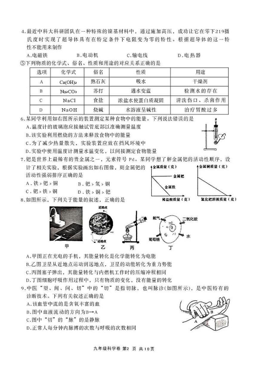浙江省绍兴市上虞区2025学年第一学期九年级期末教学质量调测科学（无答案）试卷第2页