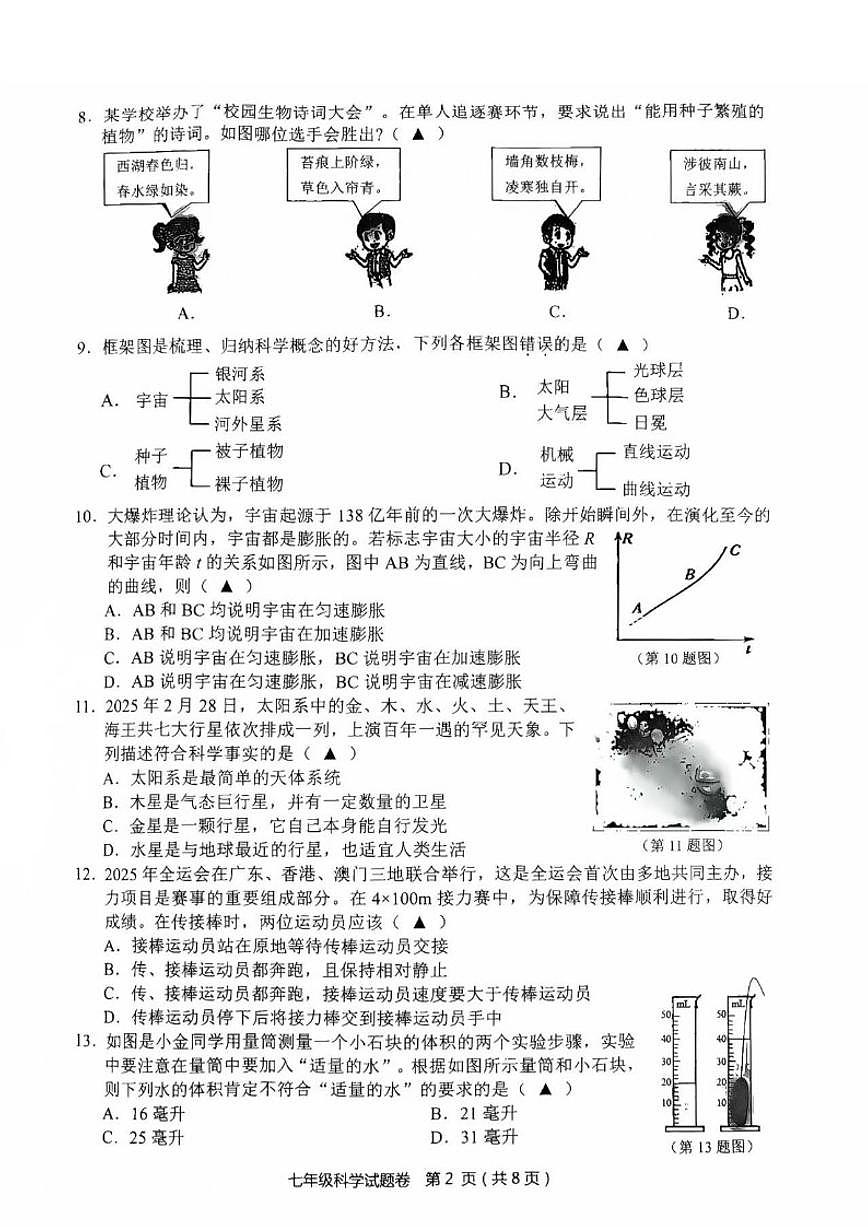 浙江省金华市永康市2025学年第一学期七年级期末考试科学试题卷（含答案）第2页