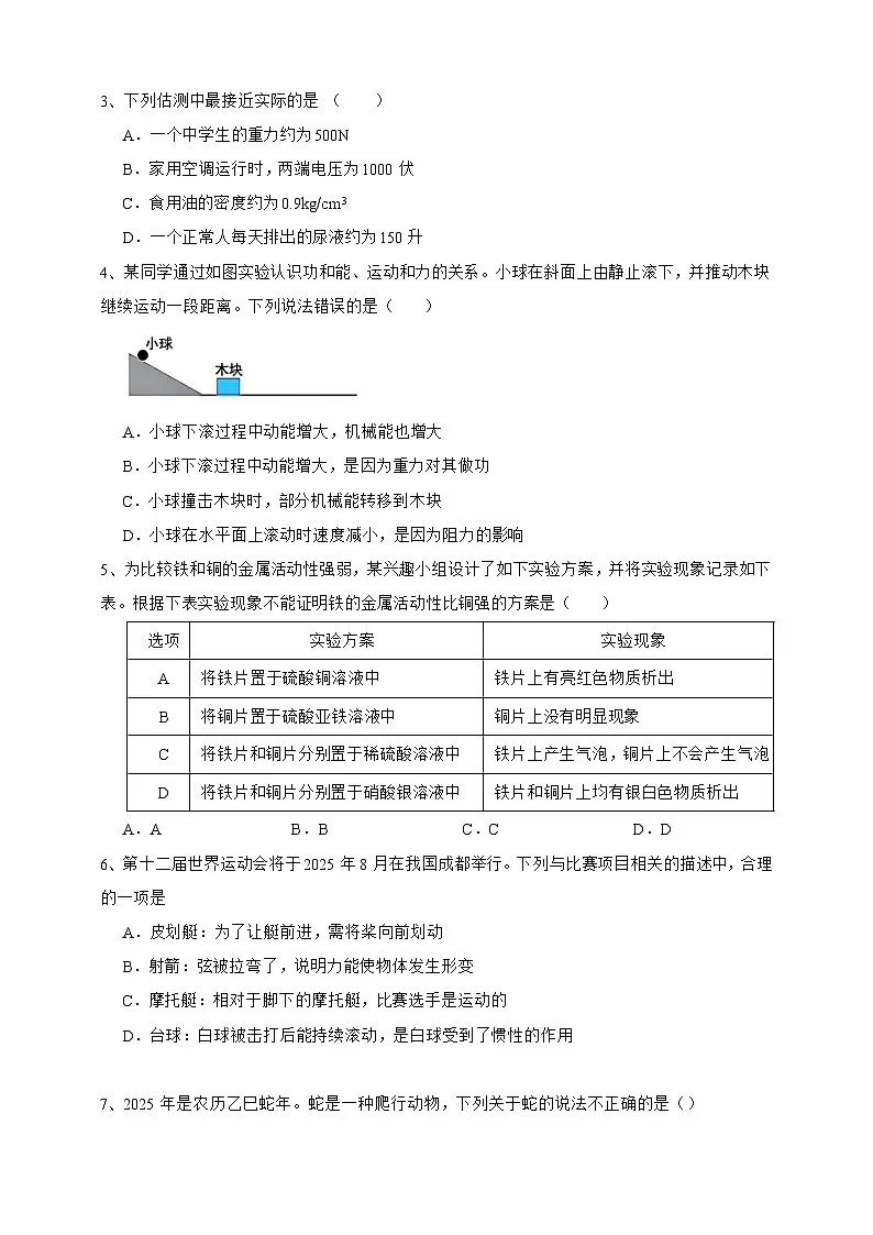 【中考必刷卷】2026年中考科学模拟试卷06（学生版）第2页