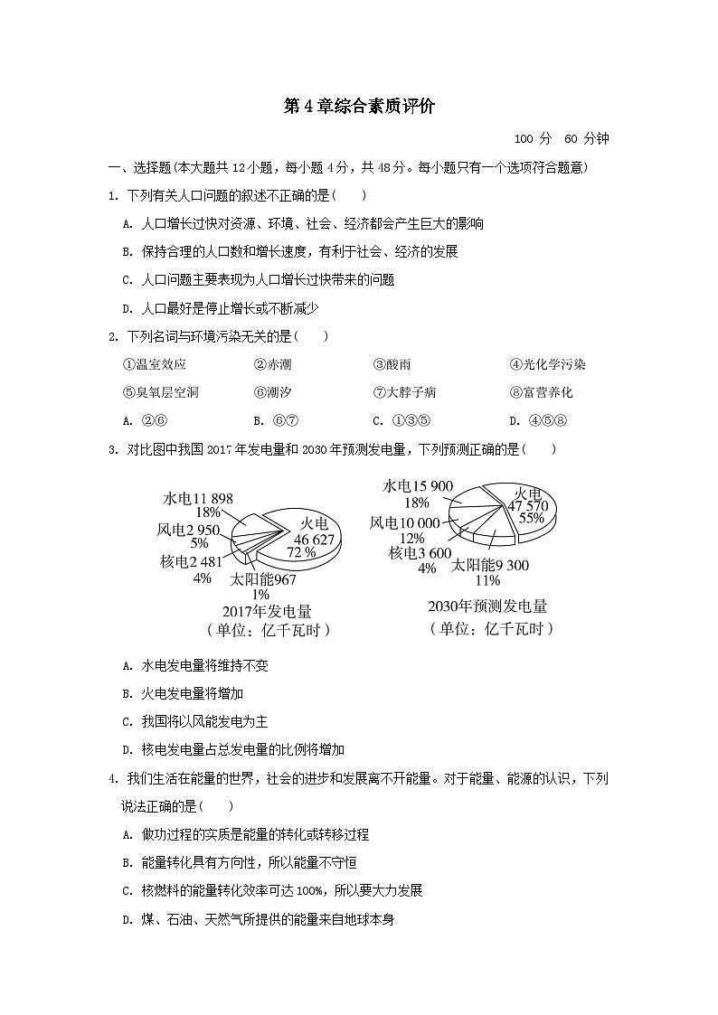 2024九年级科学下册第4章可持续发展综合素质评价试卷及答案（浙教版）第1页