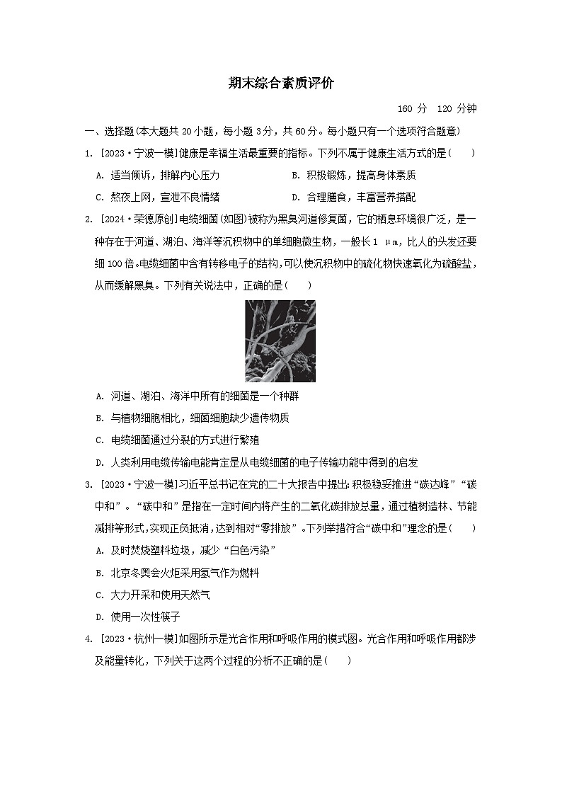2024九年级科学下学期期末综合素质评价试卷及答案（浙教版）第1页