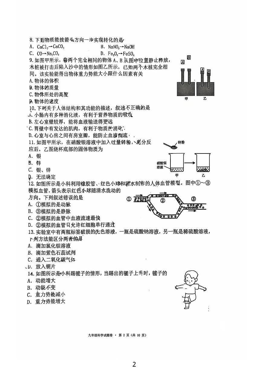 浙江省杭州市西湖区2025学年第一学期九年级期末教学质量调研 科学试卷第2页
