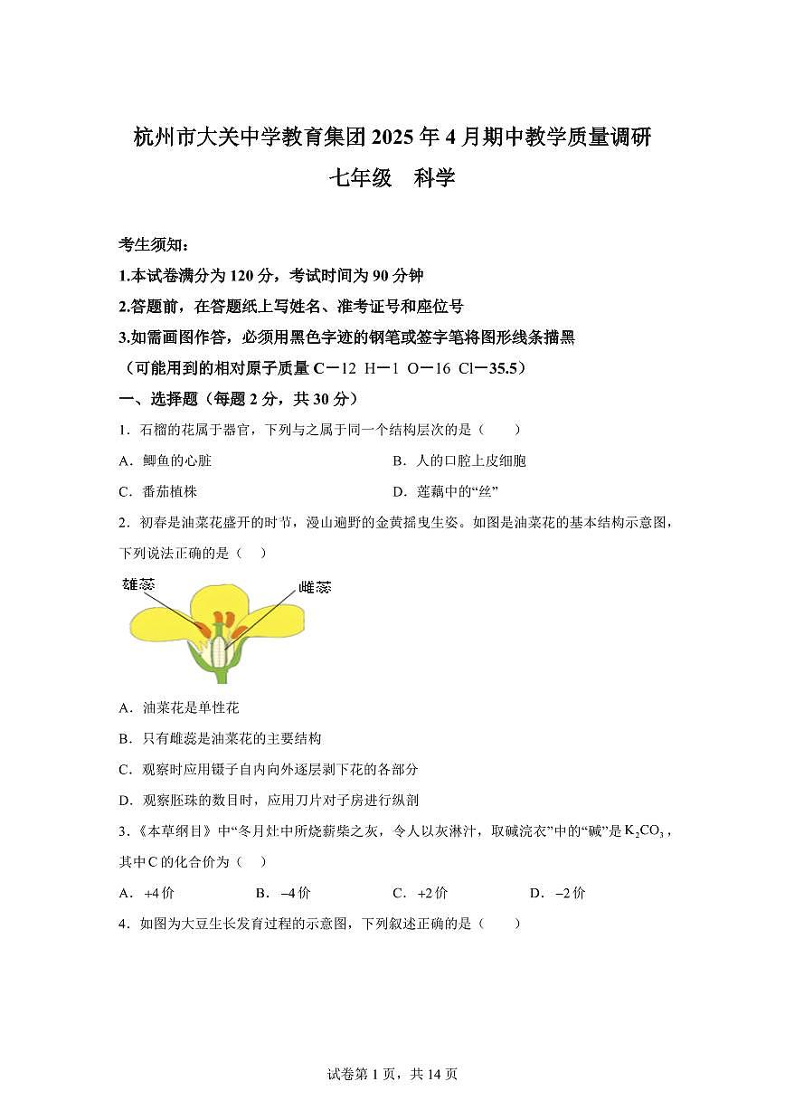2024~2025学年浙江省杭州市拱墅区大关中学初一下册期中考科学试题【附答案】第1页