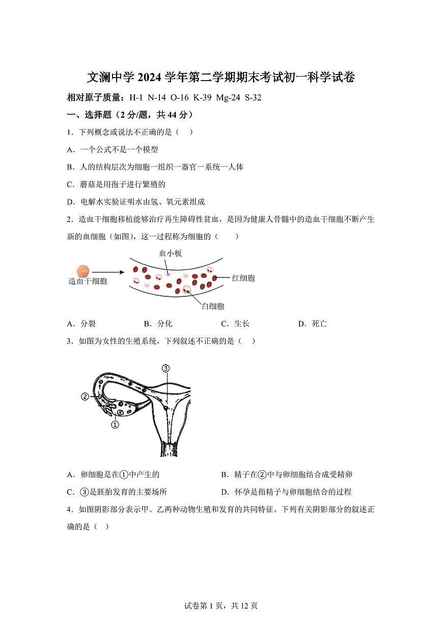 2024~2025学年浙江省杭州市文澜中学七年级下册期末考科学试题【附答案】第1页
