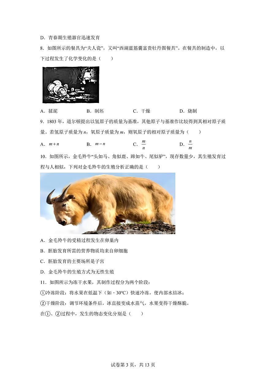 2024~2025学年浙江省杭州市西湖区初一下册期末考科学试题【附答案】第3页